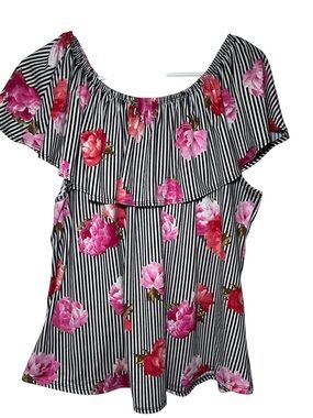 Hey Collection Pink Floral Black White Stripe Off-Shoulder Women's Top 3XL Plus